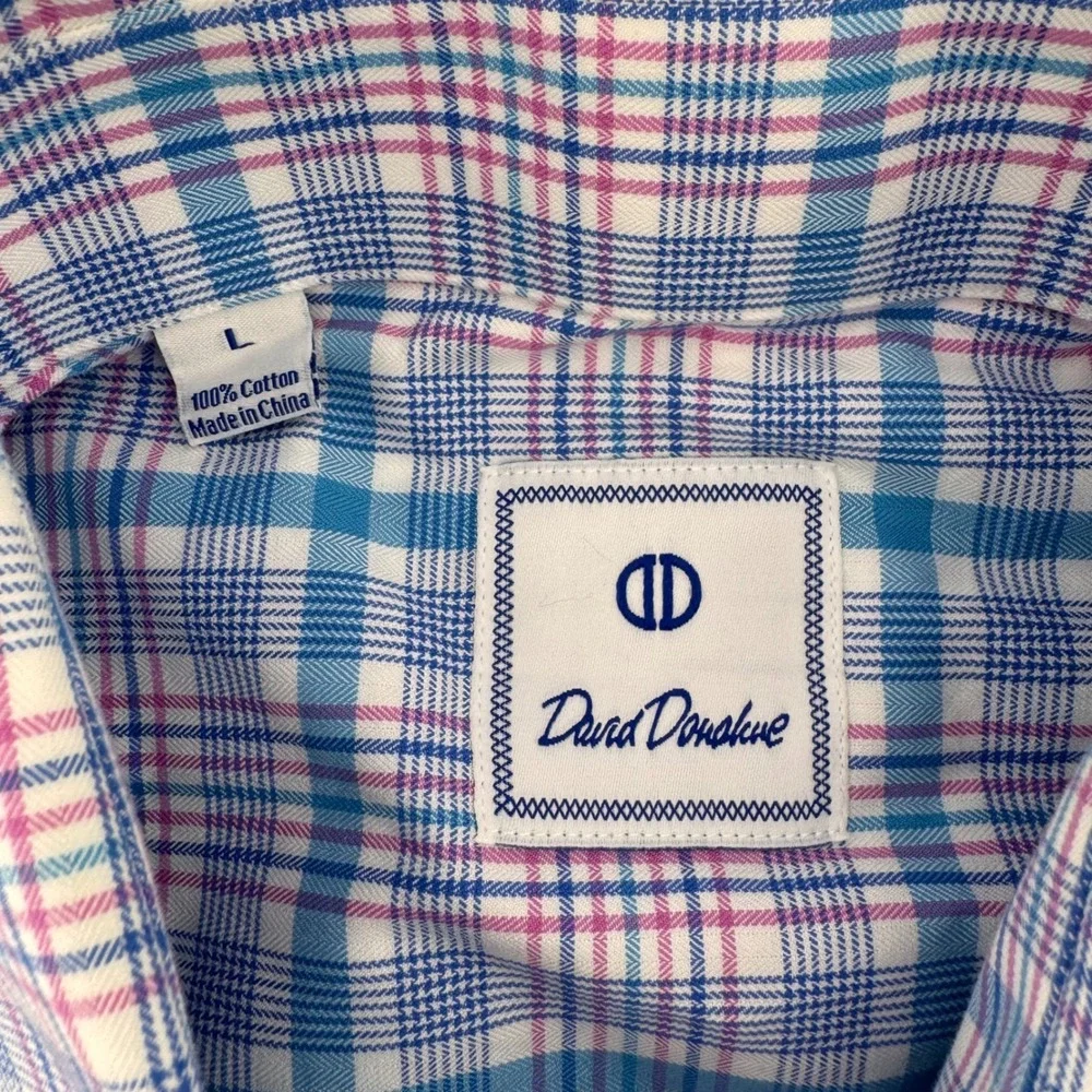 David Donahue Button Down Men L Blue Pink Plaid Cotton Long Sleeve Dress Shirt